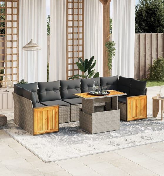 8-tlg. Garten-Sofagarnitur mit Kissen Grau Poly Rattan
