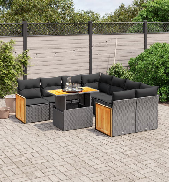 9-tlg. Garten-Sofagarnitur mit Kissen Schwarz Poly Rattan