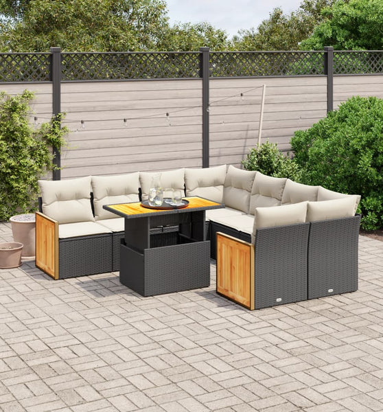 9-tlg. Garten-Sofagarnitur mit Kissen Schwarz Poly Rattan
