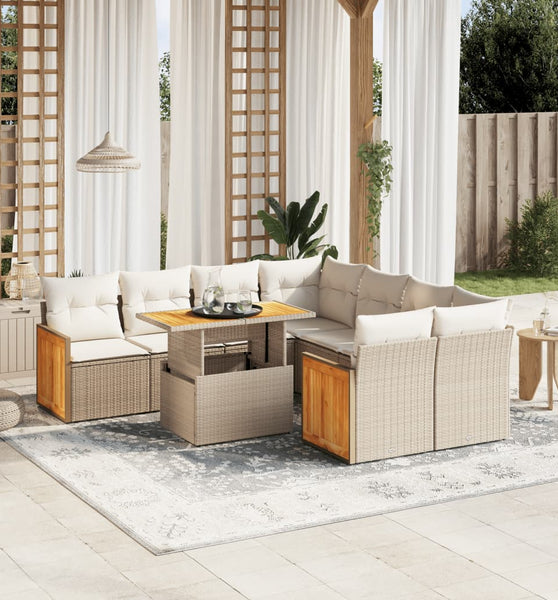 9-tlg. Garten-Sofagarnitur mit Kissen Beige Poly Rattan