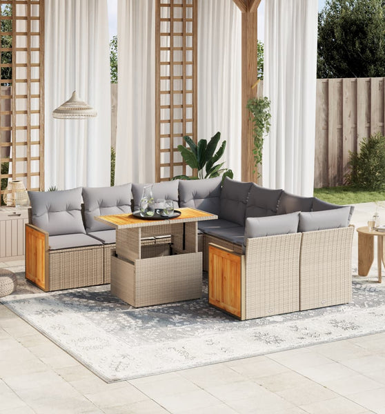 9-tlg. Garten-Sofagarnitur mit Kissen Beige Poly Rattan