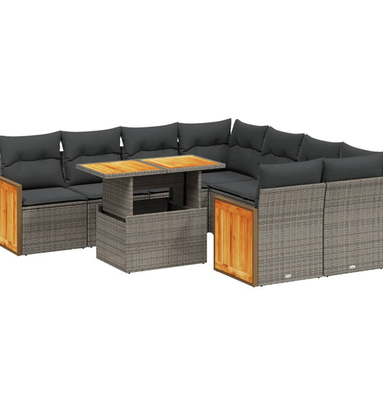 9-tlg. Garten-Sofagarnitur mit Kissen Grau Poly Rattan