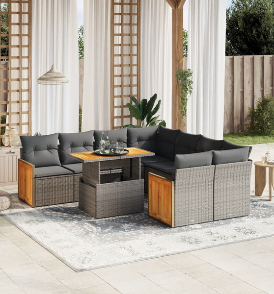 9-tlg. Garten-Sofagarnitur mit Kissen Grau Poly Rattan