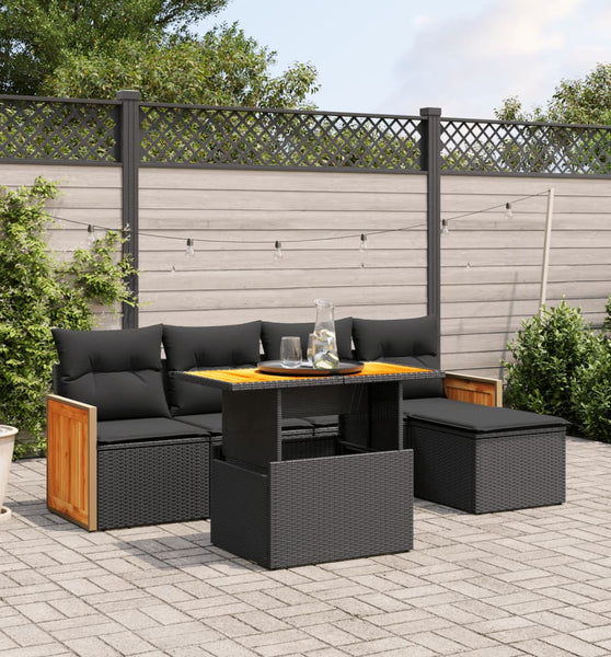 6-tlg. Garten-Sofagarnitur mit Kissen Schwarz Poly Rattan