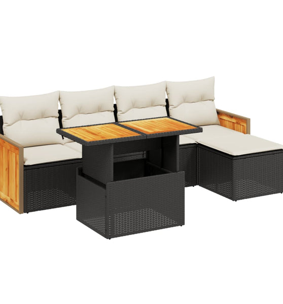 6-tlg. Garten-Sofagarnitur mit Kissen Schwarz Poly Rattan