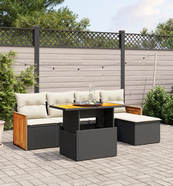 6-tlg. Garten-Sofagarnitur mit Kissen Schwarz Poly Rattan