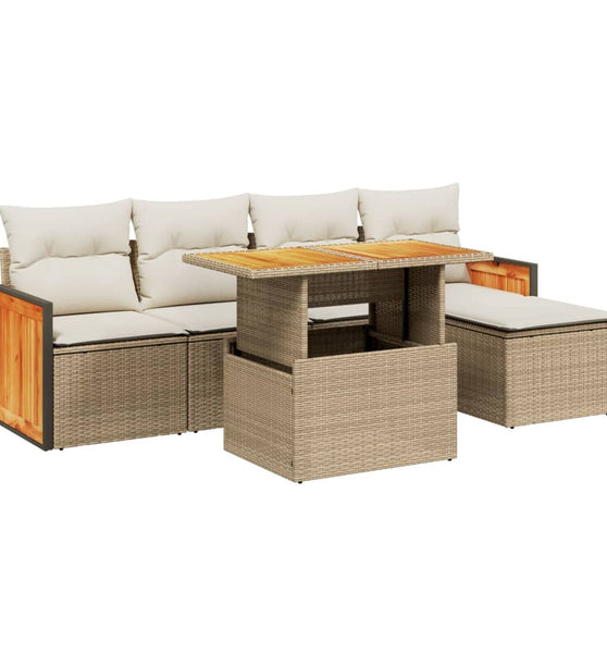 6-tlg. Garten-Sofagarnitur mit Kissen Beige Poly Rattan