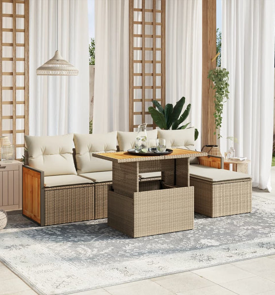 6-tlg. Garten-Sofagarnitur mit Kissen Beige Poly Rattan