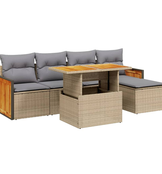 6-tlg. Garten-Sofagarnitur mit Kissen Beige Poly Rattan