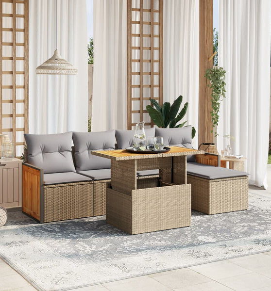 6-tlg. Garten-Sofagarnitur mit Kissen Beige Poly Rattan