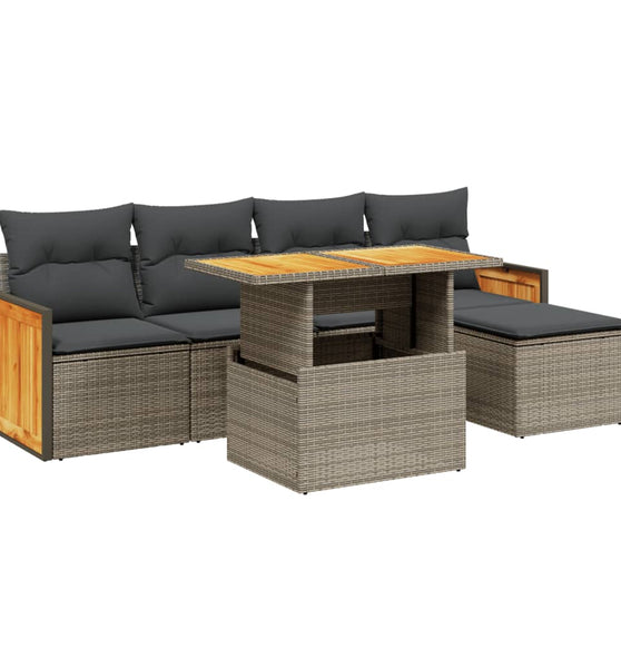 6-tlg. Garten-Sofagarnitur mit Kissen Grau Poly Rattan