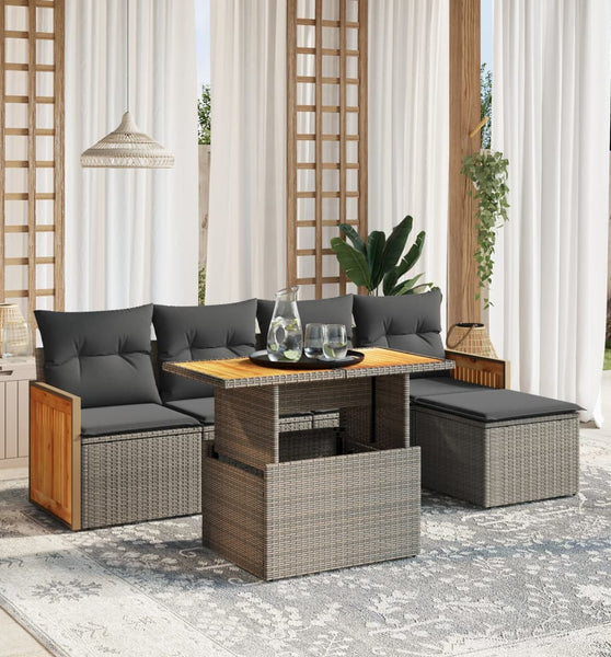6-tlg. Garten-Sofagarnitur mit Kissen Grau Poly Rattan