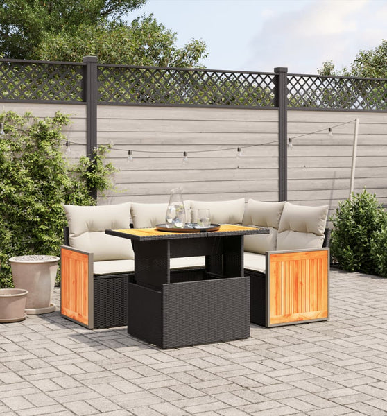 5-tlg. Garten-Sofagarnitur mit Kissen Schwarz Poly Rattan