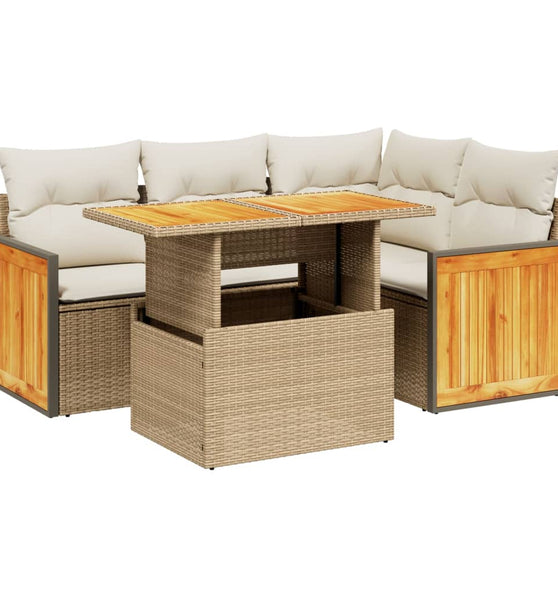 5-tlg. Garten-Sofagarnitur mit Kissen Beige Poly Rattan