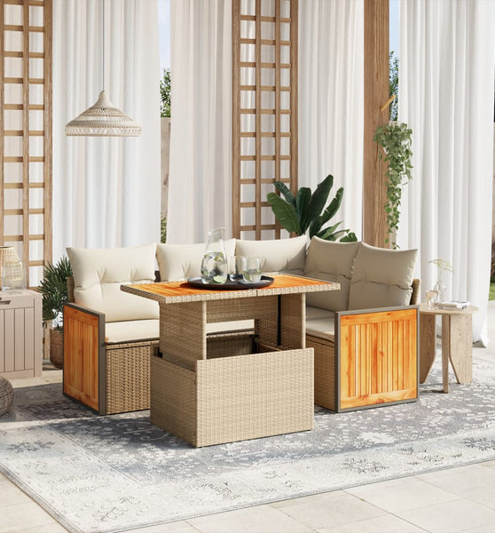5-tlg. Garten-Sofagarnitur mit Kissen Beige Poly Rattan