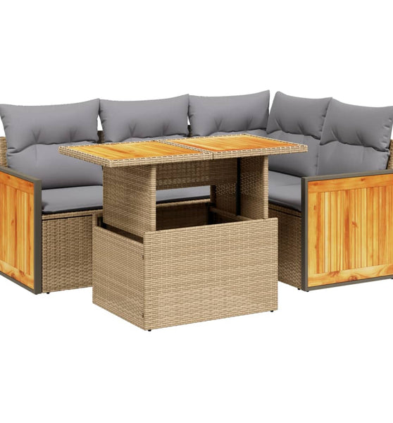 5-tlg. Garten-Sofagarnitur mit Kissen Beige Poly Rattan