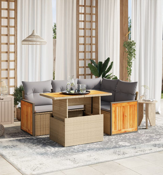 5-tlg. Garten-Sofagarnitur mit Kissen Beige Poly Rattan