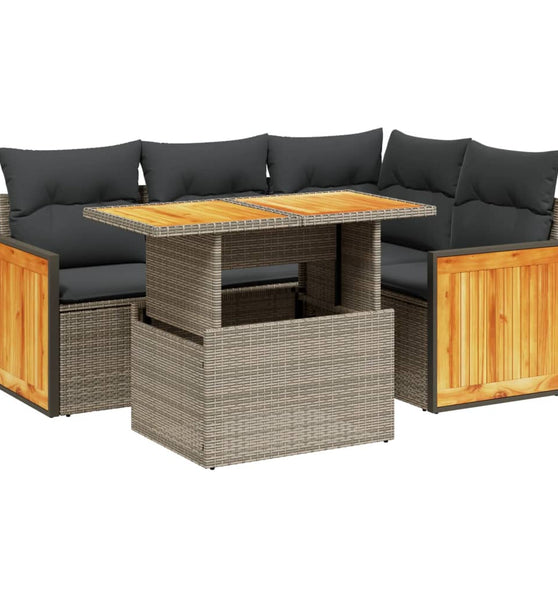5-tlg. Garten-Sofagarnitur mit Kissen Grau Poly Rattan