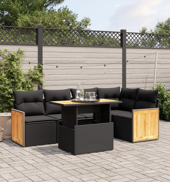 6-tlg. Garten-Sofagarnitur mit Kissen Schwarz Poly Rattan