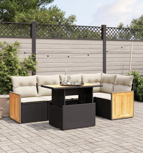 6-tlg. Garten-Sofagarnitur mit Kissen Schwarz Poly Rattan