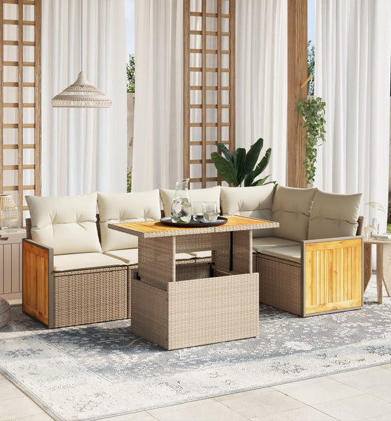 6-tlg. Garten-Sofagarnitur mit Kissen Beige Poly Rattan