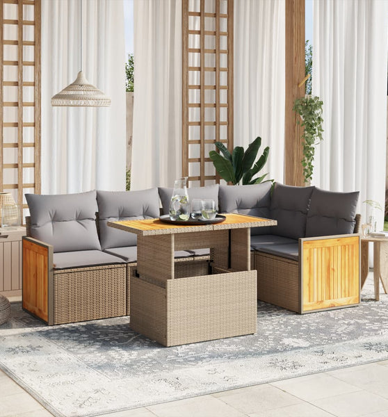 6-tlg. Garten-Sofagarnitur mit Kissen Beige Poly Rattan