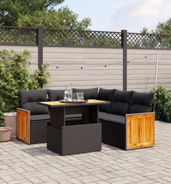 6-tlg. Garten-Sofagarnitur mit Kissen Schwarz Poly Rattan