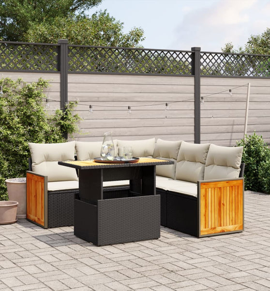6-tlg. Garten-Sofagarnitur mit Kissen Schwarz Poly Rattan