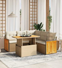 6-tlg. Garten-Sofagarnitur mit Kissen Beige Poly Rattan