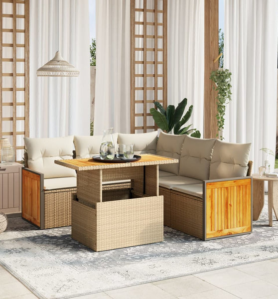 6-tlg. Garten-Sofagarnitur mit Kissen Beige Poly Rattan