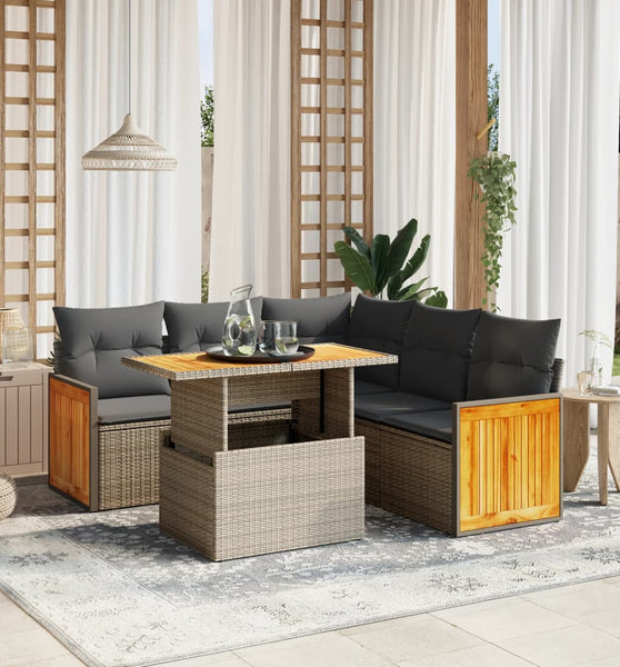 6-tlg. Garten-Sofagarnitur mit Kissen Beige Poly Rattan