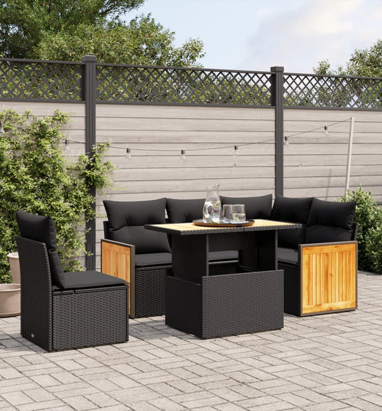 6-tlg. Garten-Sofagarnitur mit Kissen Schwarz Poly Rattan