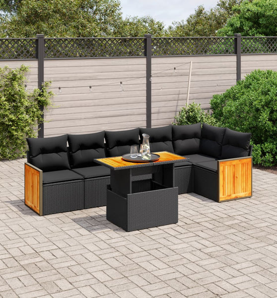 7-tlg. Garten-Sofagarnitur mit Kissen Schwarz Poly Rattan