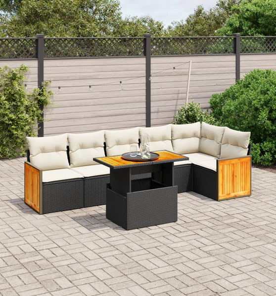 7-tlg. Garten-Sofagarnitur mit Kissen Schwarz Poly Rattan