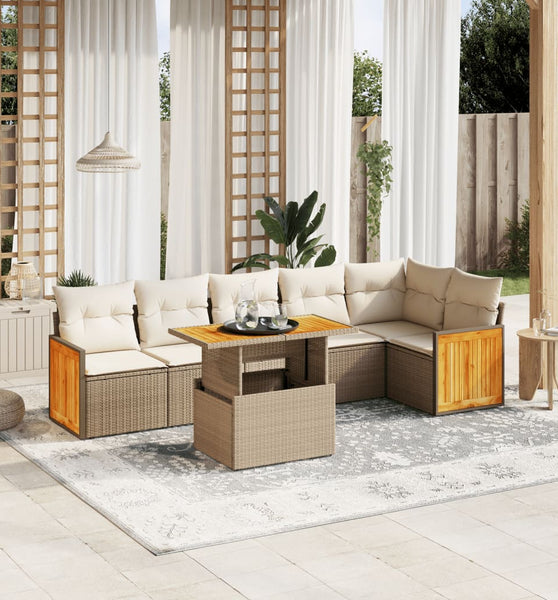 7-tlg. Garten-Sofagarnitur mit Kissen Beige Poly Rattan