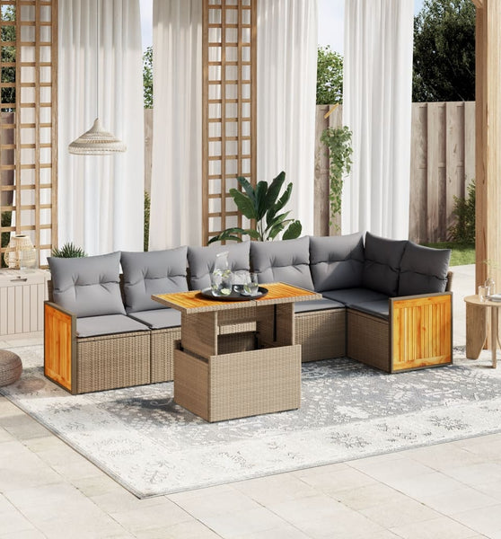 7-tlg. Garten-Sofagarnitur mit Kissen Beige Poly Rattan