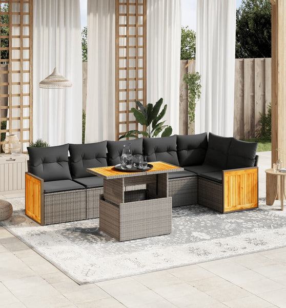 7-tlg. Garten-Sofagarnitur mit Kissen Grau Poly Rattan
