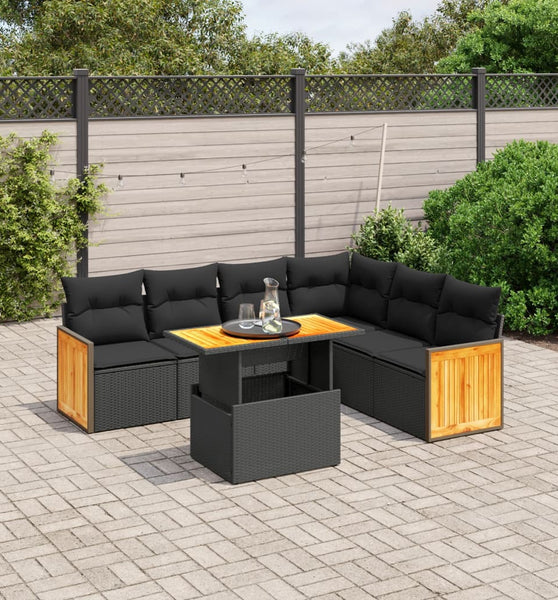 7-tlg. Garten-Sofagarnitur mit Kissen Schwarz Poly Rattan