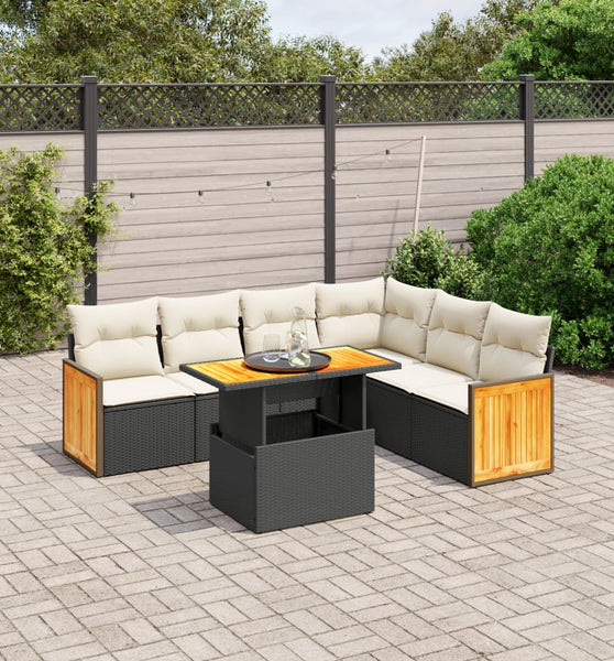 7-tlg. Garten-Sofagarnitur mit Kissen Schwarz Poly Rattan
