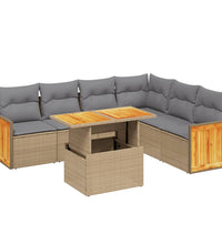 7-tlg. Garten-Sofagarnitur mit Kissen Beige Poly Rattan