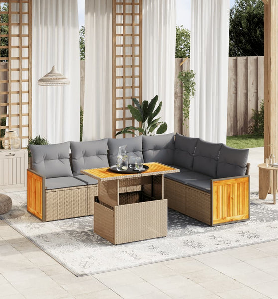 7-tlg. Garten-Sofagarnitur mit Kissen Beige Poly Rattan