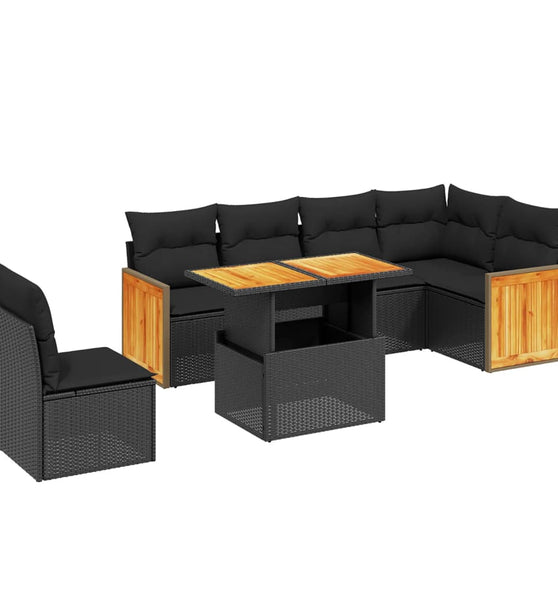 7-tlg. Garten-Sofagarnitur mit Kissen Schwarz Poly Rattan