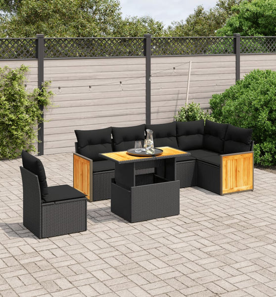 7-tlg. Garten-Sofagarnitur mit Kissen Schwarz Poly Rattan