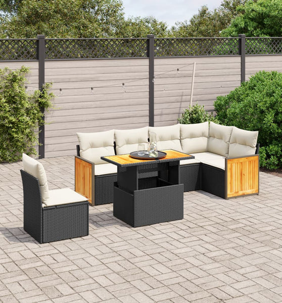 7-tlg. Garten-Sofagarnitur mit Kissen Schwarz Poly Rattan