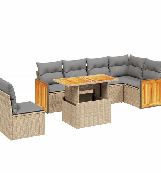 7-tlg. Garten-Sofagarnitur mit Kissen Beige Poly Rattan