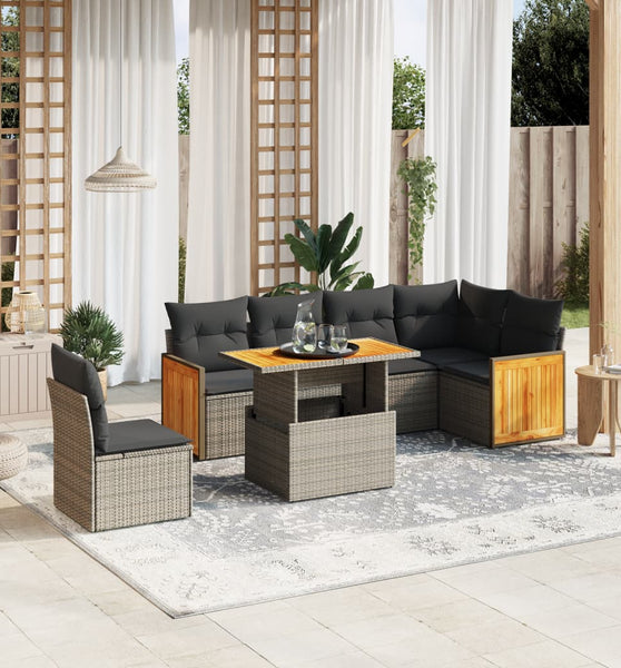 7-tlg. Garten-Sofagarnitur mit Kissen Grau Poly Rattan