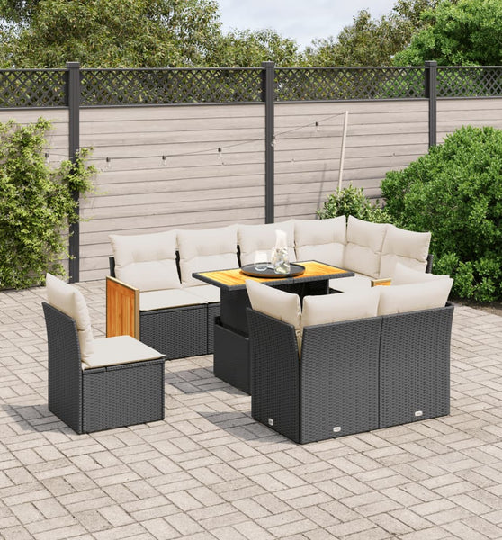 9-tlg. Garten-Sofagarnitur mit Kissen Schwarz Poly Rattan