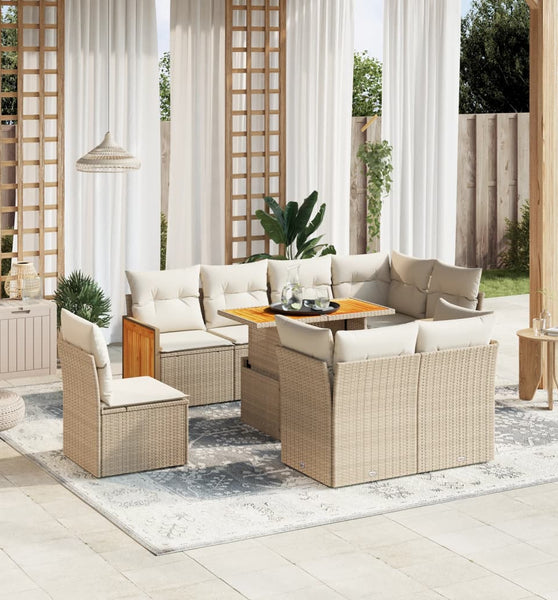 9-tlg. Garten-Sofagarnitur mit Kissen Beige Poly Rattan