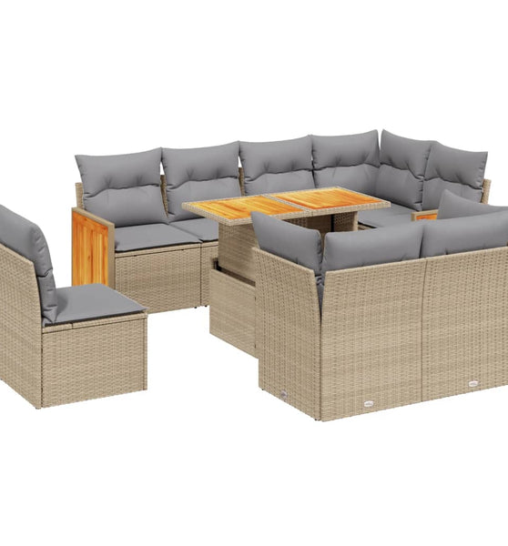 9-tlg. Garten-Sofagarnitur mit Kissen Beige Poly Rattan