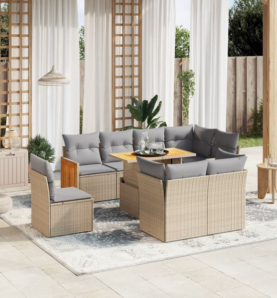 9-tlg. Garten-Sofagarnitur mit Kissen Beige Poly Rattan
